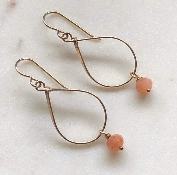 Medium teardrop gold-fill earrings with pink moonstone gemstones