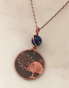Acid etched copper blowing tree necklace with lapis
