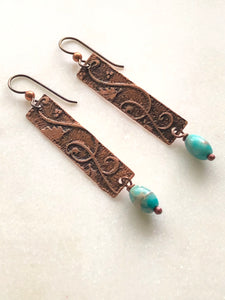 Acid etched copper earrings with aqua terra jasper