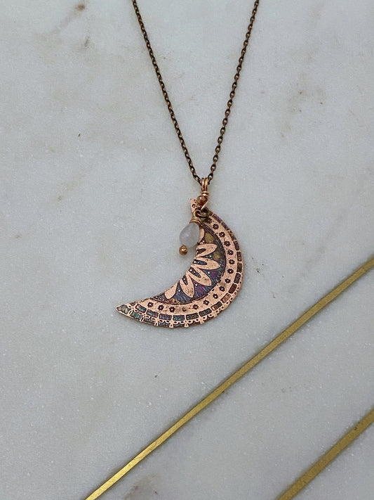 Acid etched copper moon necklace with moonstone