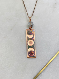 Acid etched copper moon phase necklace with agate