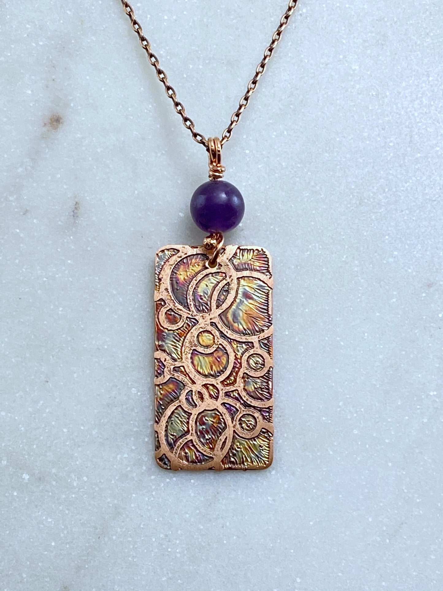 Acid etched copper open dot necklace with amethyst