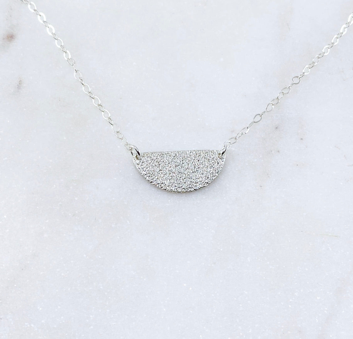 Sterling silver hammer textured half circle necklace