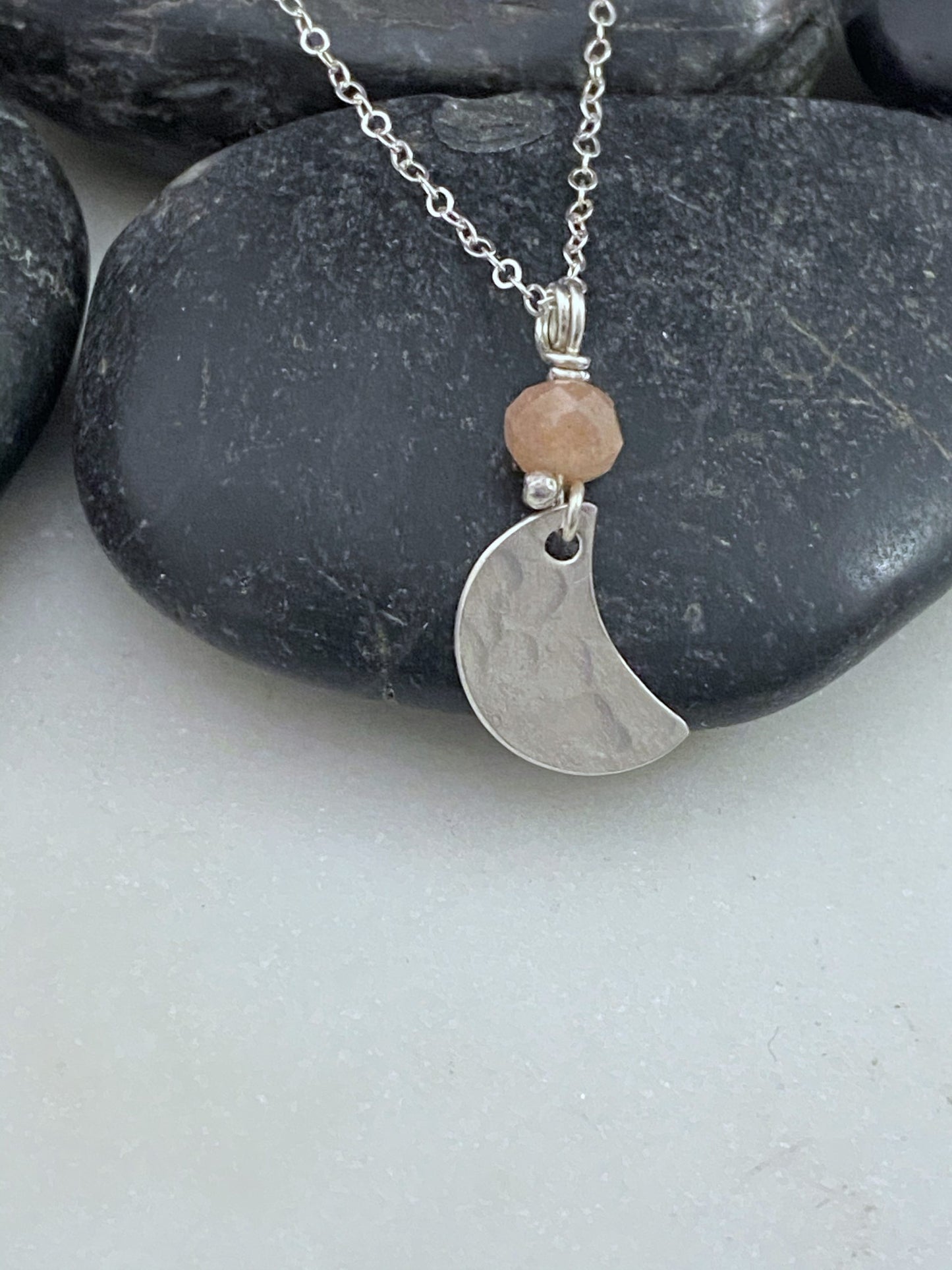Sterling silver hammered moon with peach moonstone