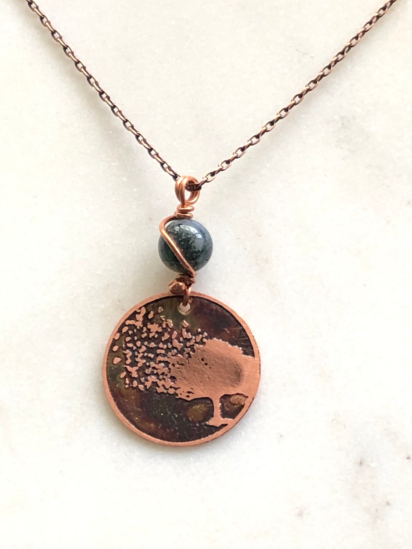Acid etched copper blowing tree necklace with moss agate