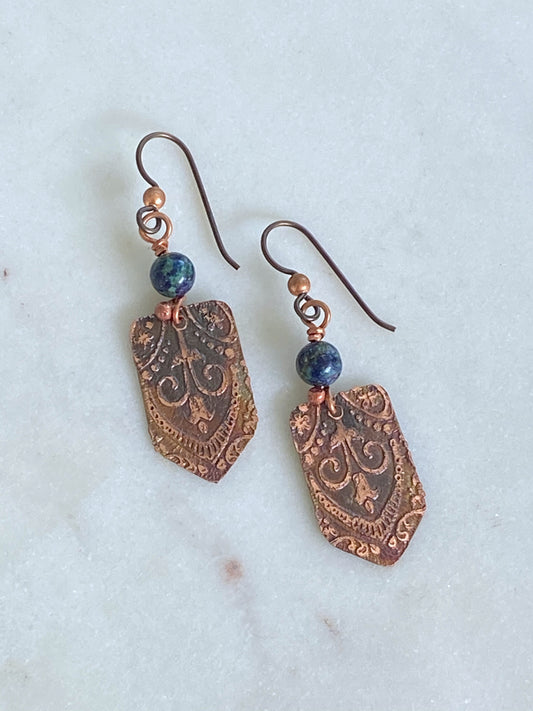Acid etched copper earrings with chrysocolla