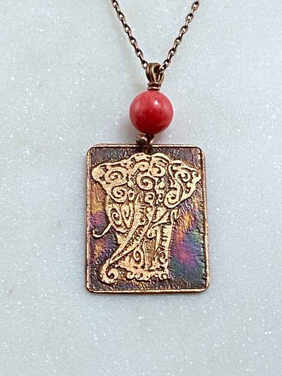Acid etched copper elephant necklace with coral