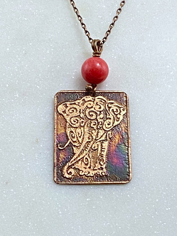 Acid etched copper elephant necklace with coral