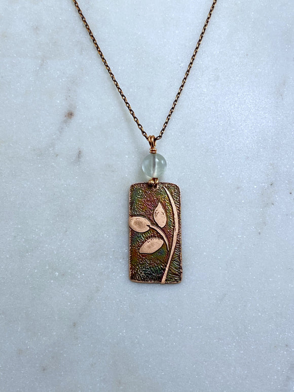 Acid etched copper leaf necklace with prehnite