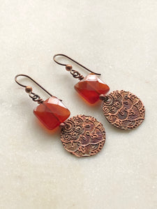 Acid etched copper mandala earrings with carnelian