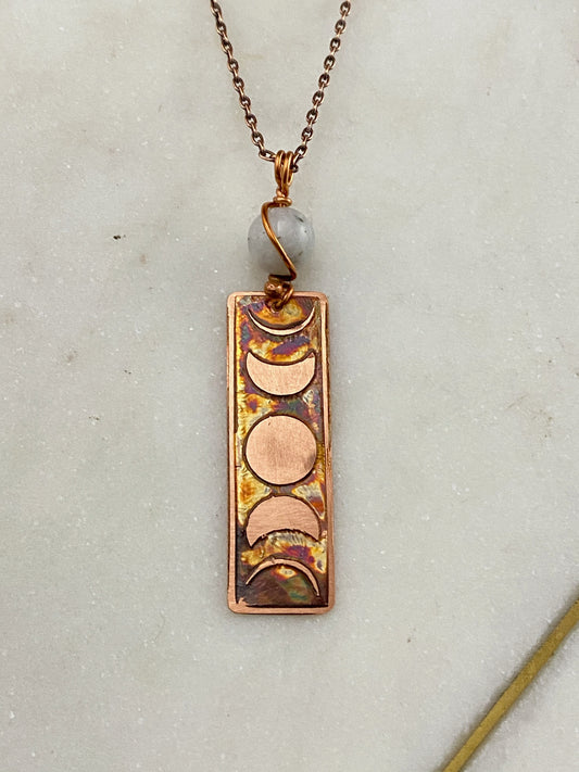 Acid etched copper moon phase necklace with moonstone