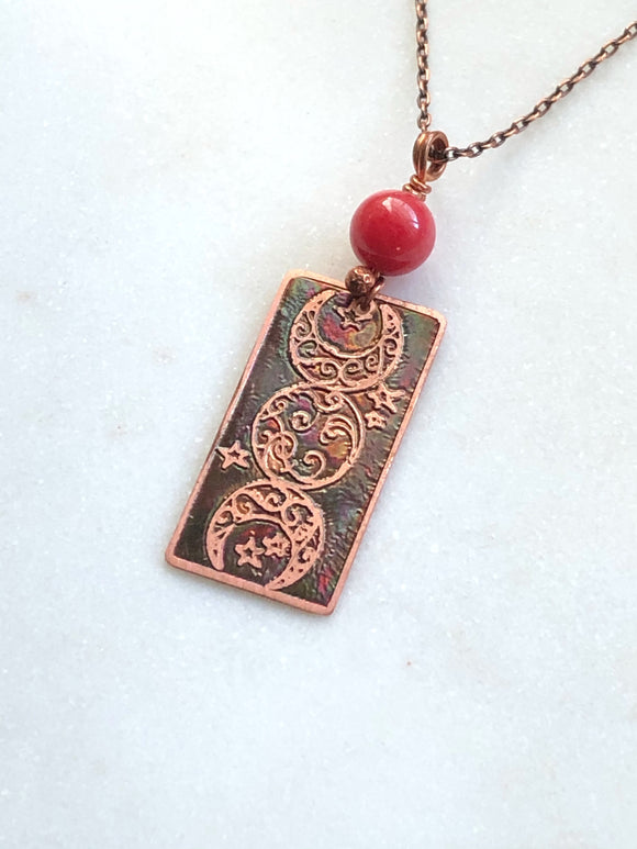 Acid etched copper moon necklace with coral