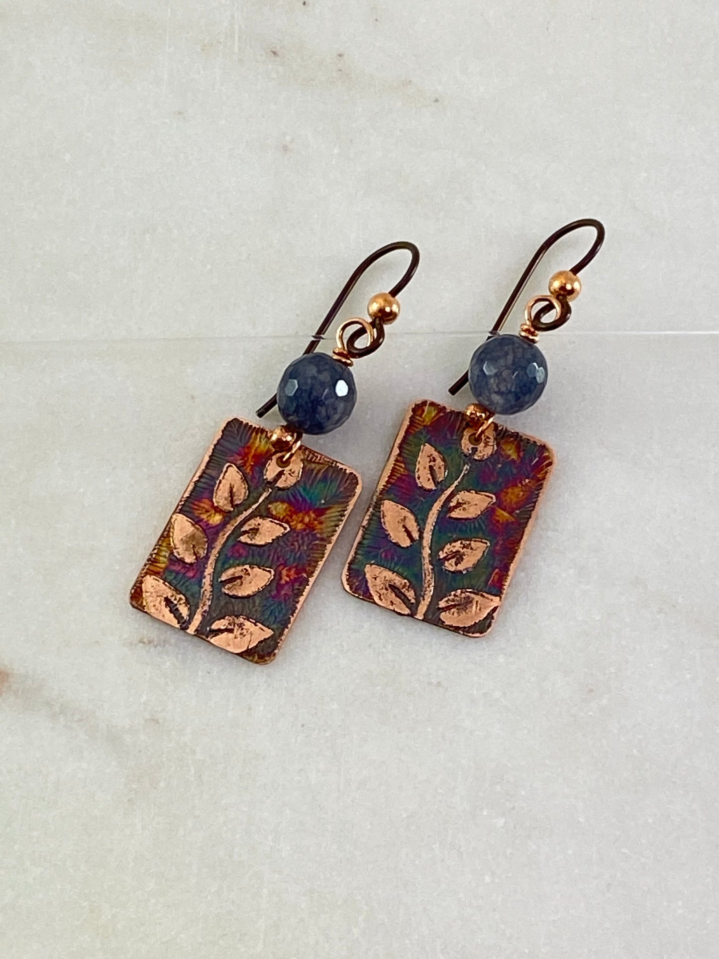 Acid etched copper leaf earrings with agate gemstone