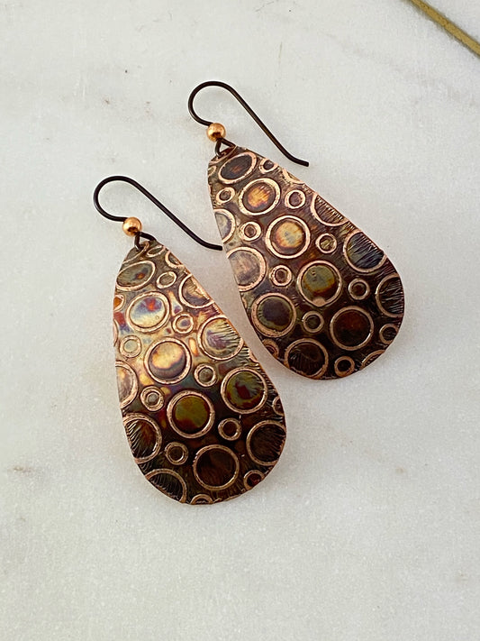 Acid etched copper teardrop earrings