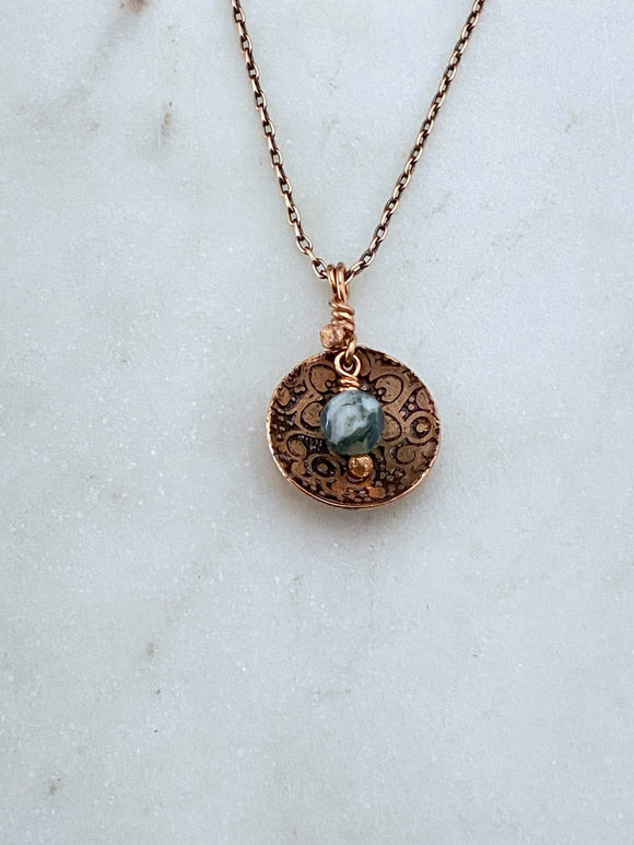 Acid etched copper mandala cupped dish necklace with moss agate