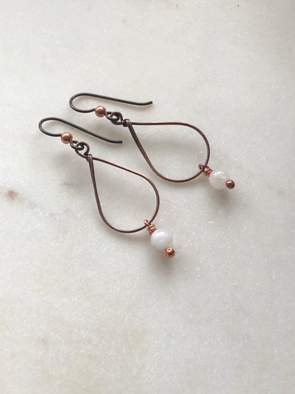 Wire wrapped copper earrings with moonstone gemstones