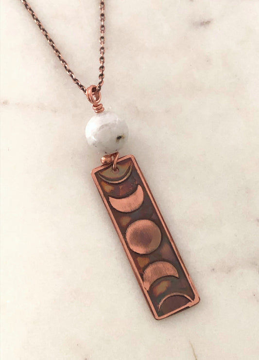 Acid etched copper moon phase necklace with moonstone