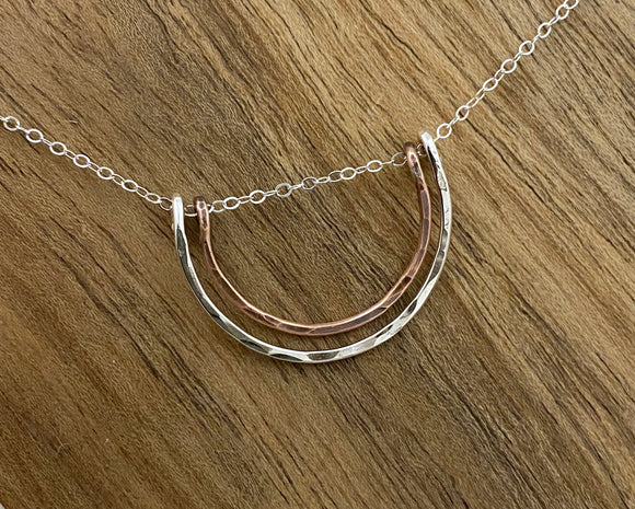 Forged sterling silver & copper wire half moon necklace
