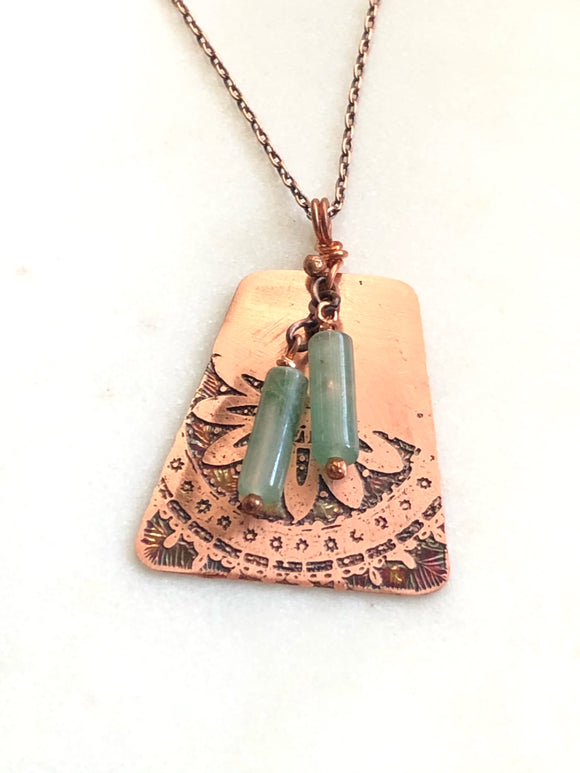 Acid etched copper mandala necklace with aventurine