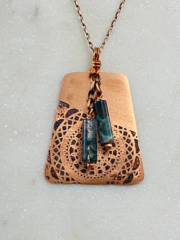 Acid etched copper mandala necklace with moss agate
