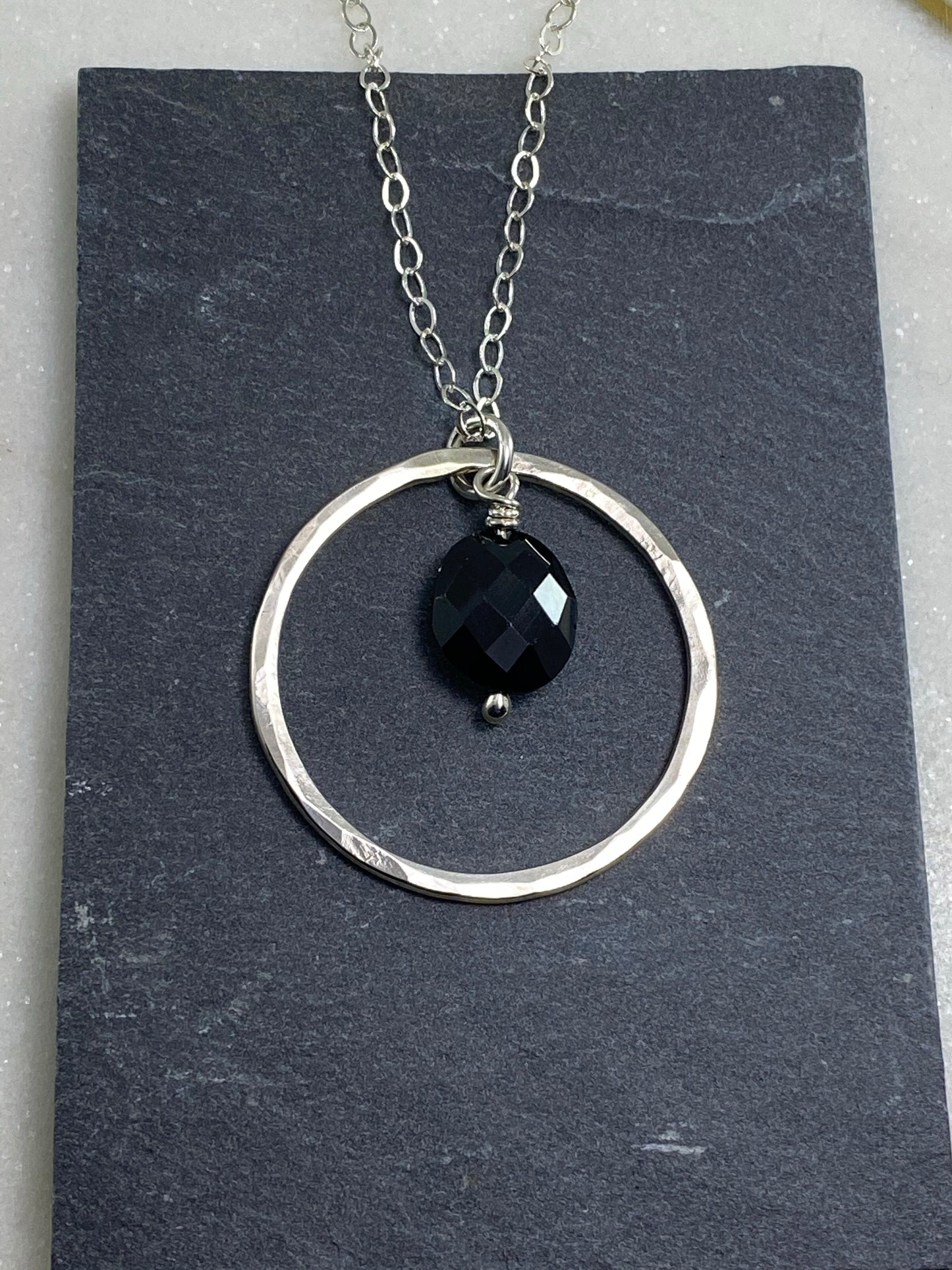 Sterling silver forged hoop long necklace with onyx gemstone