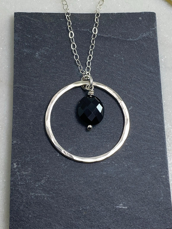 Sterling silver forged hoop long necklace with onyx gemstone