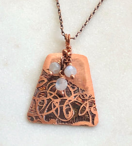 Acid etched copper swirl necklace with moonstone