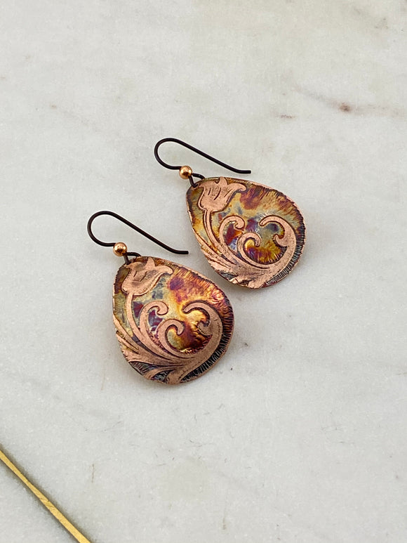Acid etched copper flower medium teardrop earrings