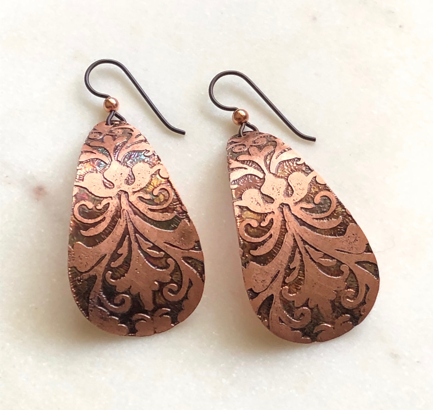 Acid etched copper large teardrop earrings