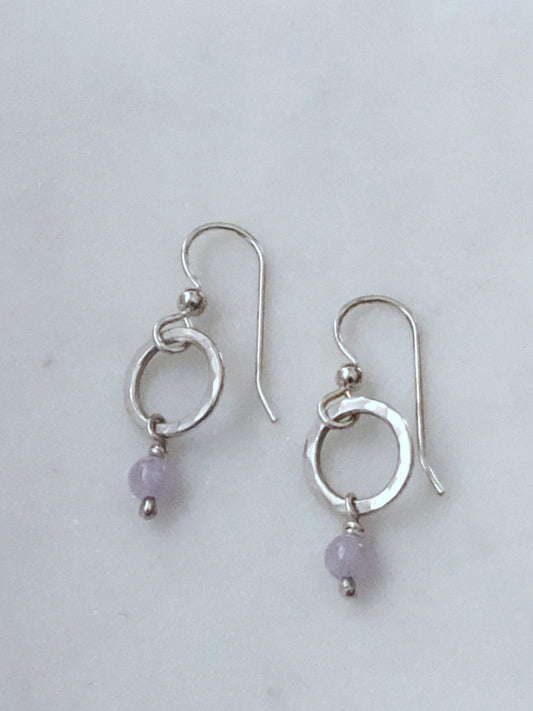 Sterling silver forged circle earrings with amethyst gemstones