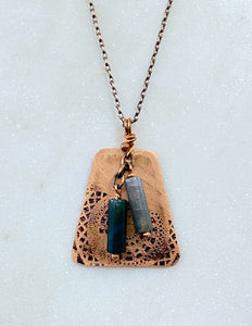 Acid etched copper mandala necklace with moss agate