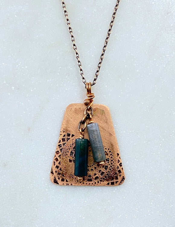 Acid etched copper mandala necklace with moss agate