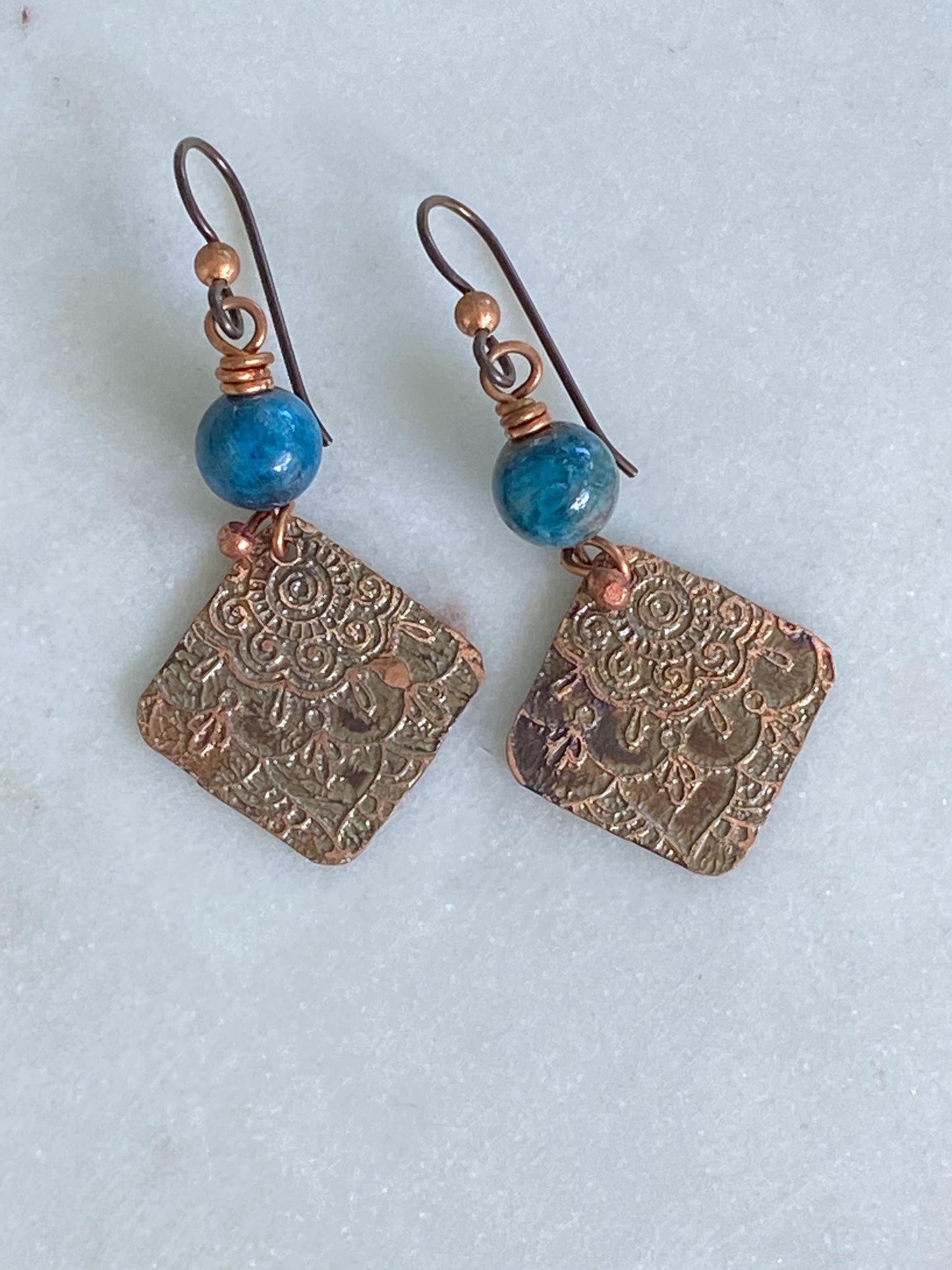 Acid etched copper mandala earrings with apatite