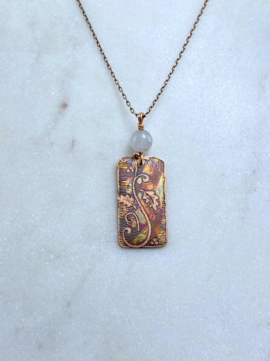 Acid etched copper swirl necklace with quartz
