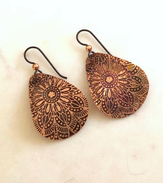 Acid etched copper medium teardrop earrings