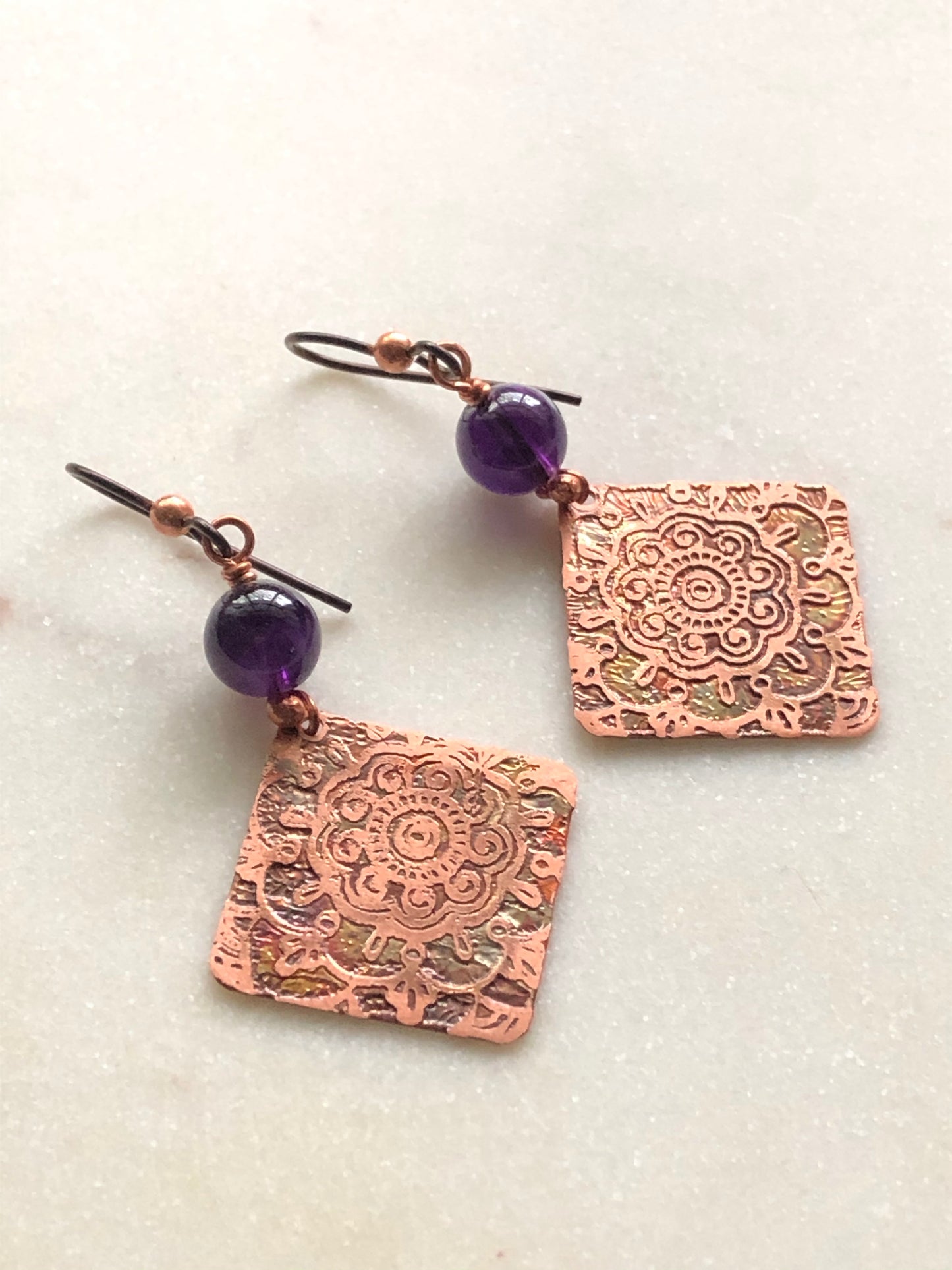 Acid etched copper earrings with amethyst