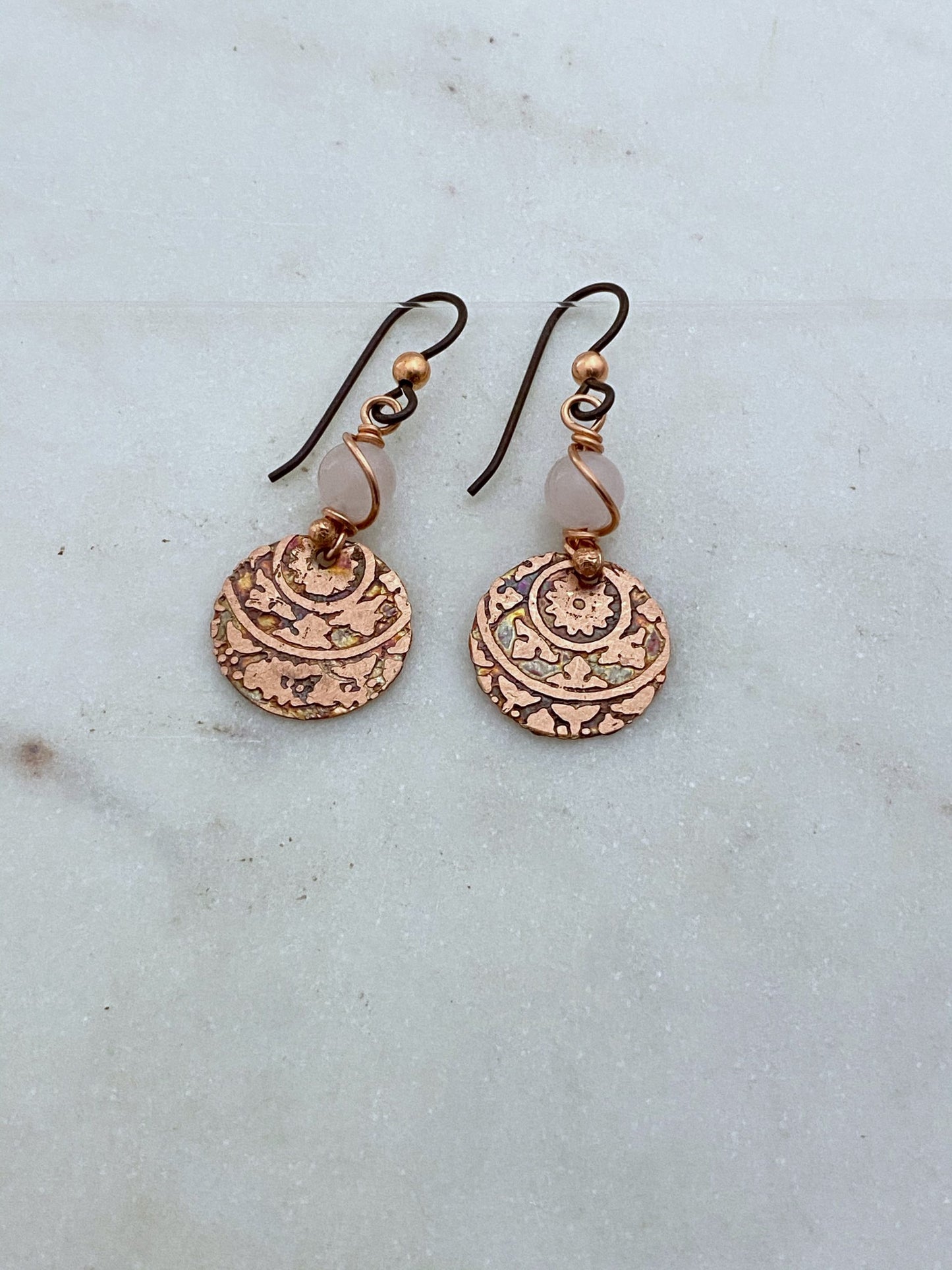 Acid etched copper mandala earrings with rose quartz