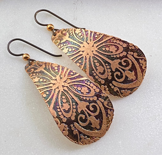 Acid etched large copper teardrop earrings