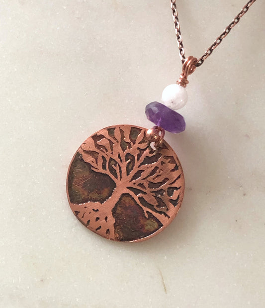 Acid etched copper tree necklace with amethyst and moonstone