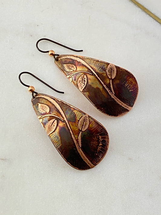 Acid etched copper teardrop earrings