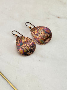 Acid etched copper swirl and leaf teardrop earrings