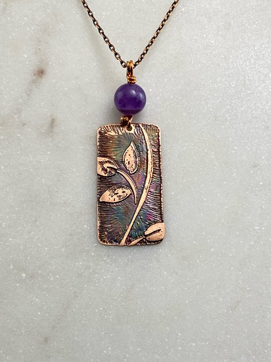 Acid etched copper leaf necklace with amethyst