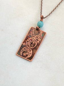 Acid etched copper moon necklace with apatite
