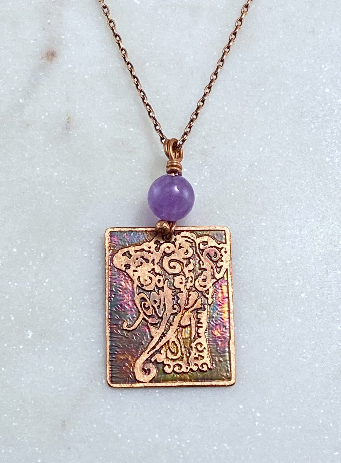 Acid etched copper elephant necklace with amethyst