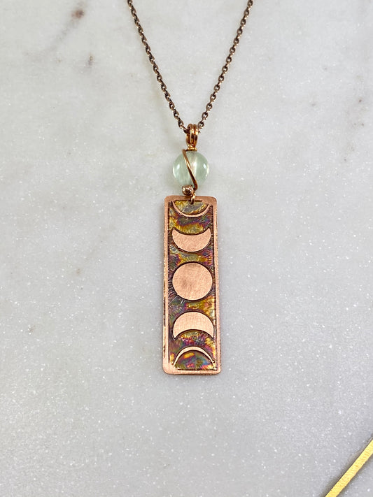 Acid etched copper moon phase necklace with prehnite
