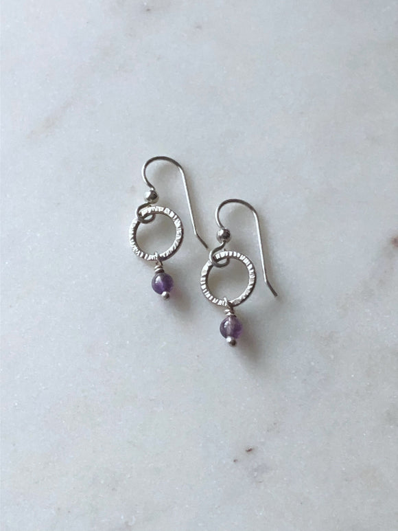 Small hammered sterling silver and amethyst gemstone hoops