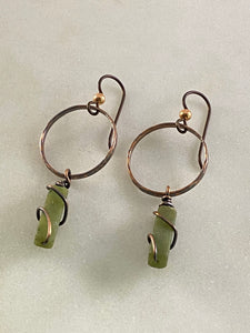 Copper hoops with serpentine jasper gemstones