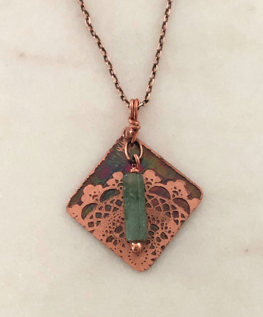 Acid etched copper lace necklace with moss agate