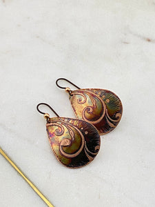 Acid etched copper swirl medium teardrop earrings