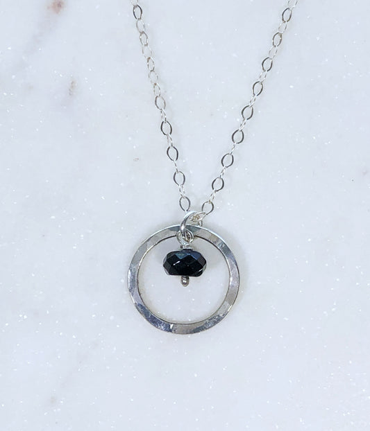 Sterling silver forged circle necklace with onyx gemstone